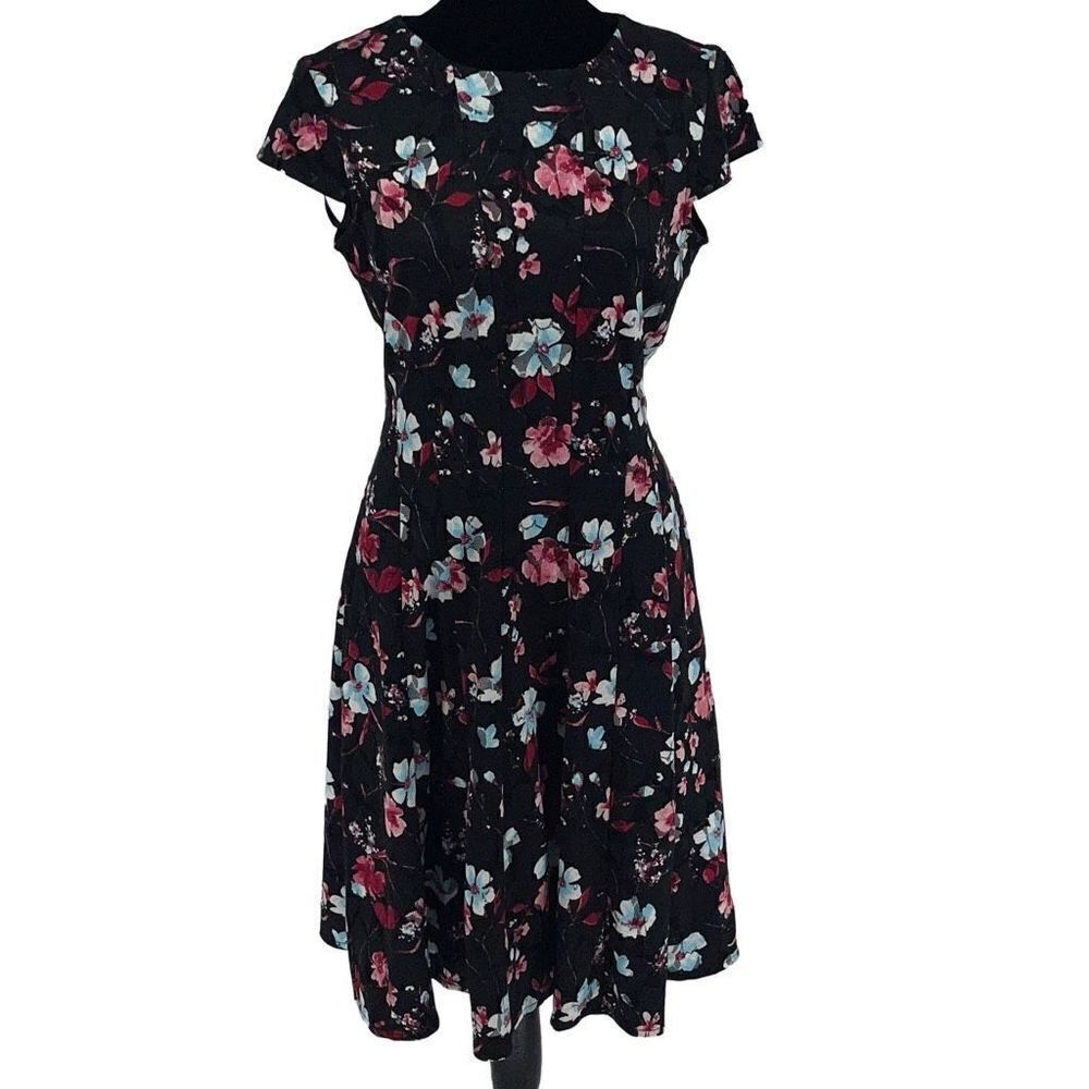 Studio One Womens Fit & Flare Dress Floral Lace Cap Sleeve Red Black Size 4